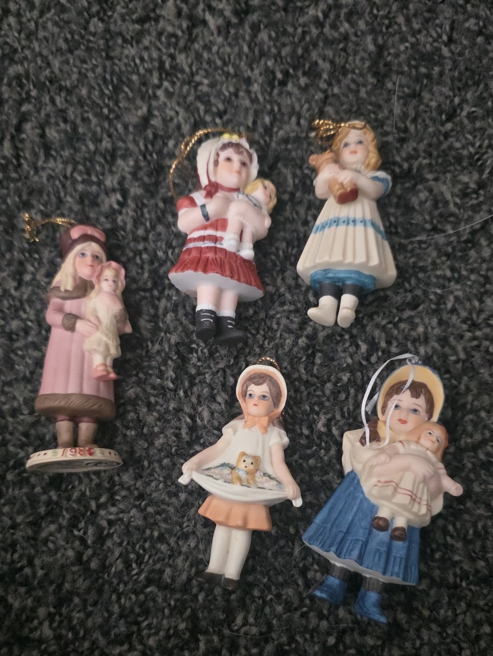 Porcelain Girl with Doll Christmas Ornament - Blue, Pink, Red, Cream